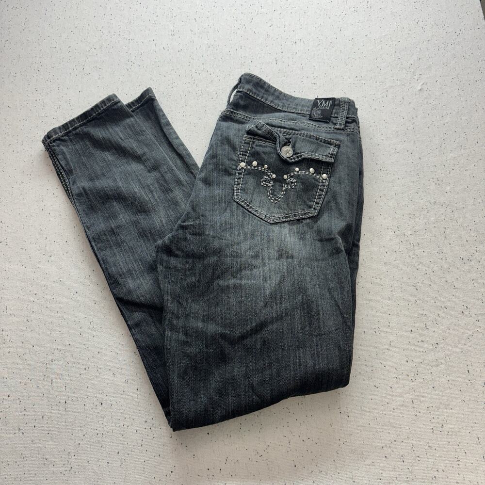 YMI Jeans Womens 15 Black Charcoal Skinny Denim Flap Pocket Rhinestone Y2K Bling